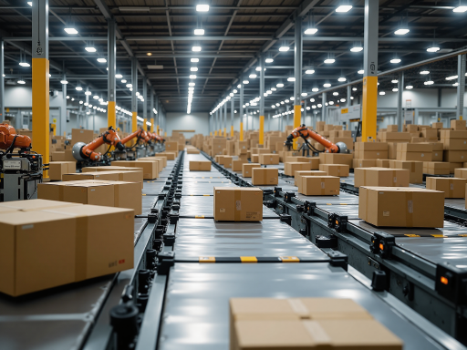 Smart logistics warehouse with conveyor belt system, robot sorting and digital inventory management, showing smart supply chain technology