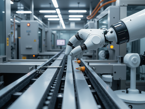 Smart manufacturing factory scene with automated production line, robotic arms and digital monitoring system, showing industrial IoT implementation results