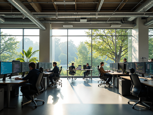 Modern office environment with diverse team members working collaboratively at desks with computers and whiteboards in background, bright natural lighting
