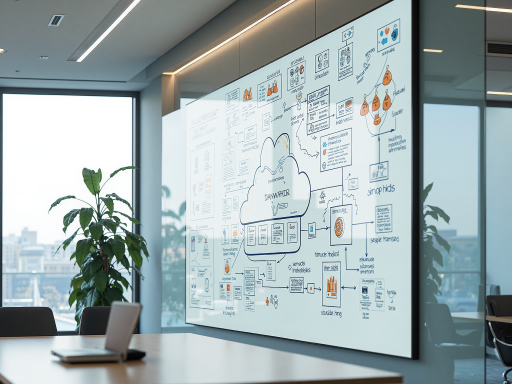 Collaborative workspace with engineers and technicians working on digital projects, whiteboard with technical charts, showing modern office environment