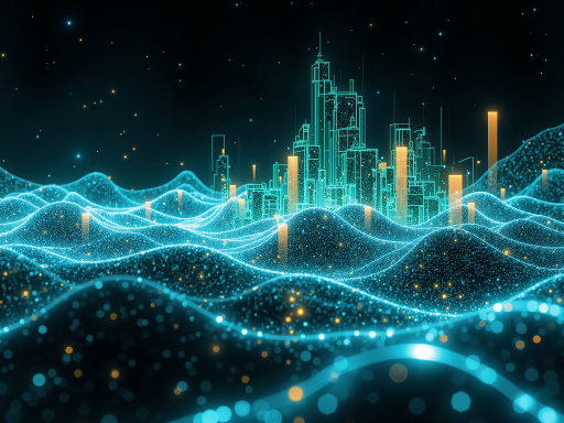 Abstract digital art representing a futuristic cityscape with interconnected nodes and data streams, blue and green color scheme